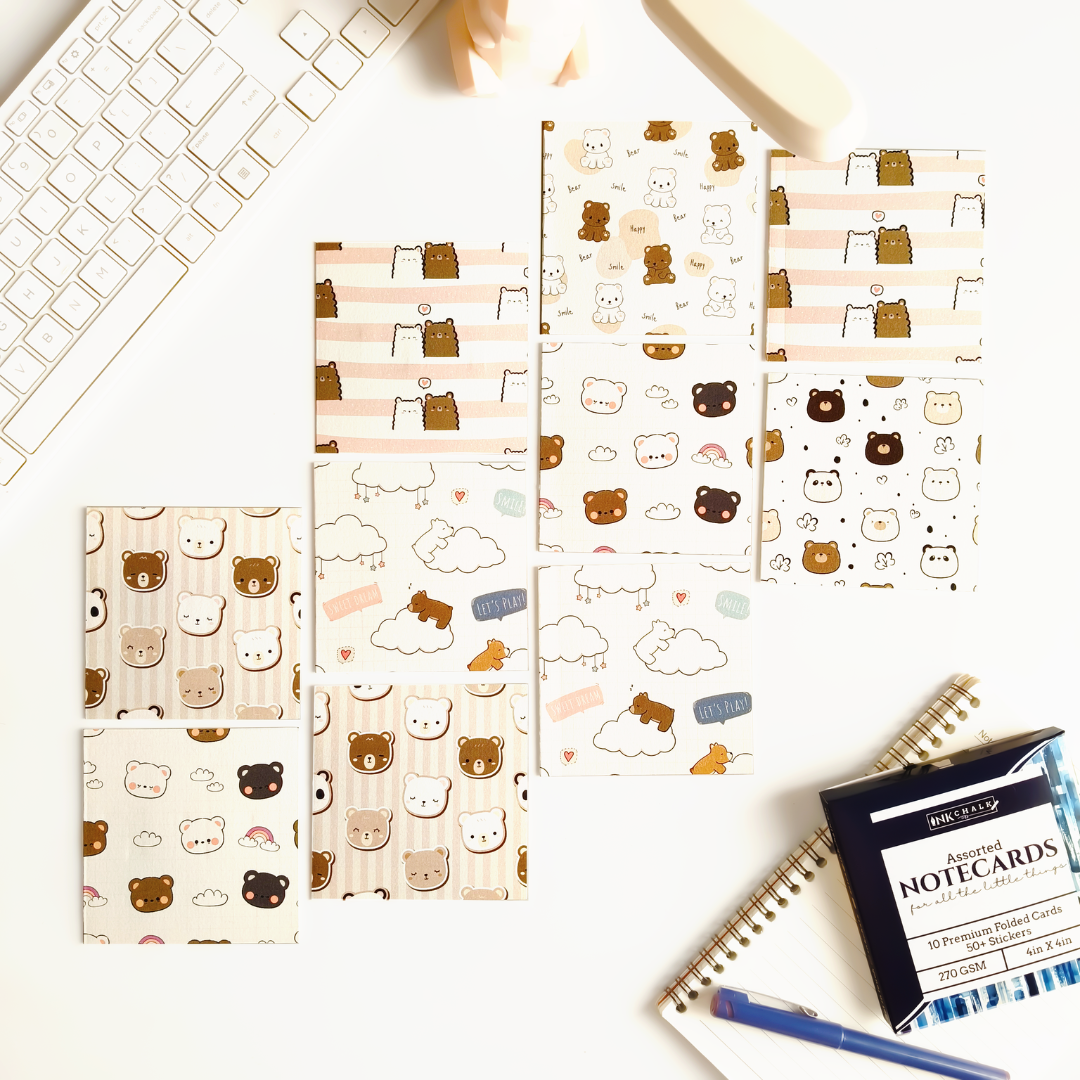 INKCHALK Tiny Bear Hugs | Set of 10 (4x4in) Folded Note Cards | 50+ Stickers
