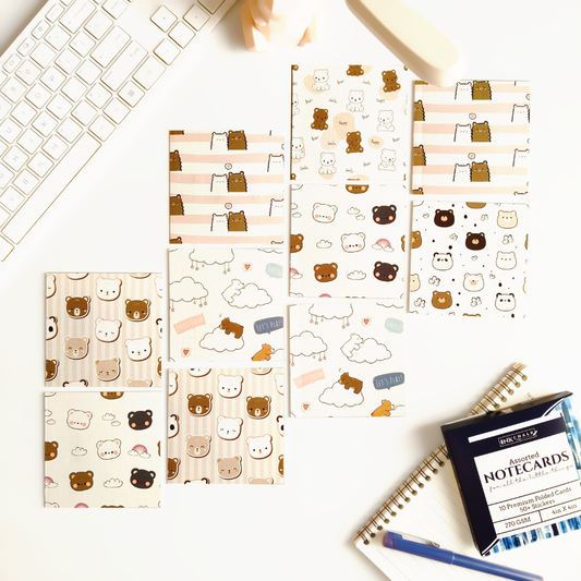 INKCHALK Tiny Bear Hugs | Set of 10 (4x4in) Folded Note Cards | 50+ Stickers