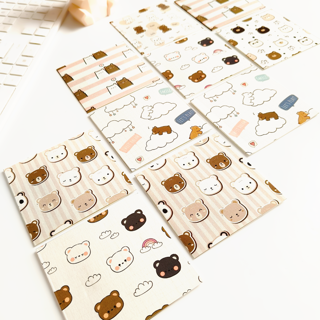 INKCHALK Tiny Bear Hugs | Set of 10 (4x4in) Folded Note Cards | 50+ Stickers