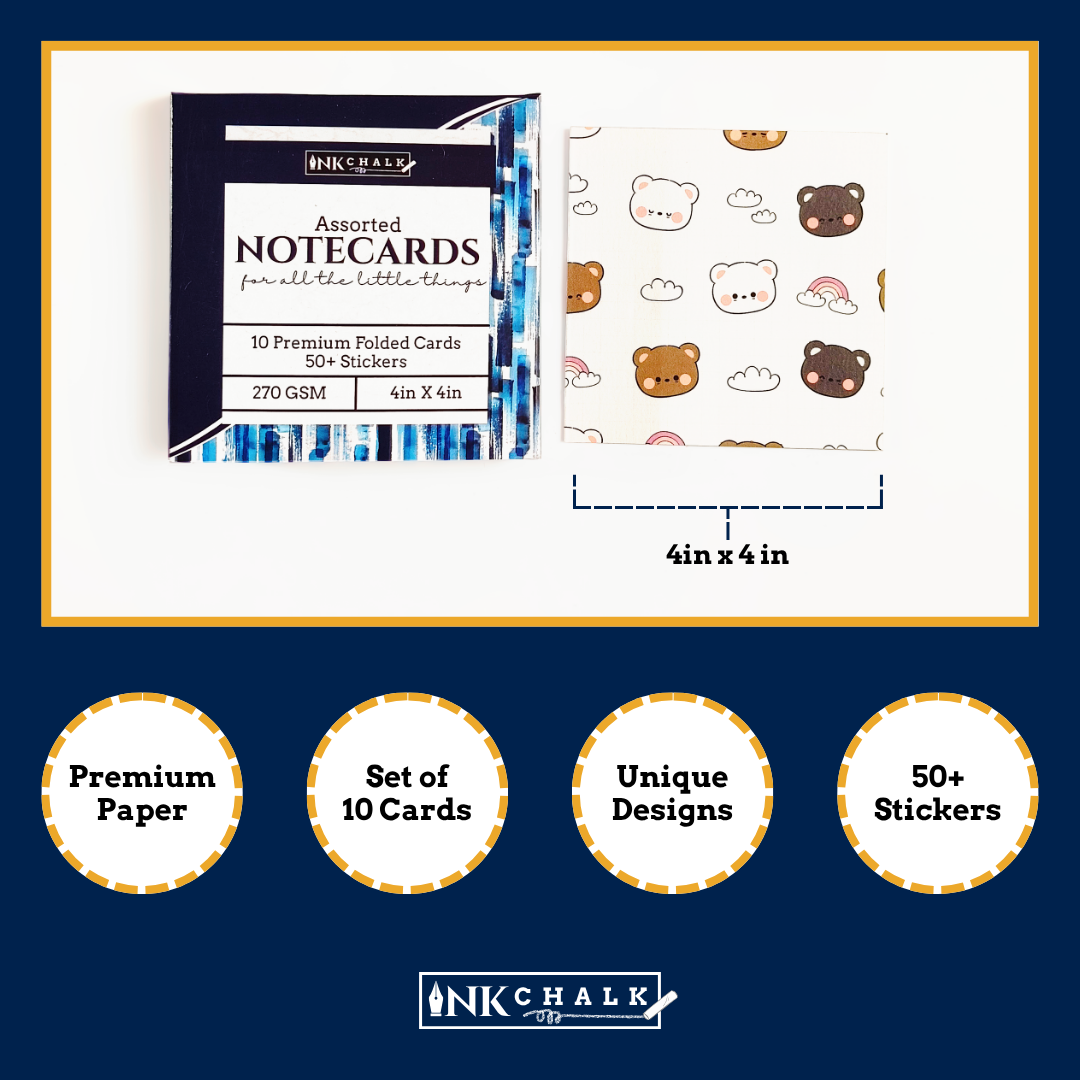 INKCHALK Tiny Bear Hugs | Set of 10 (4x4in) Folded Note Cards | 50+ Stickers