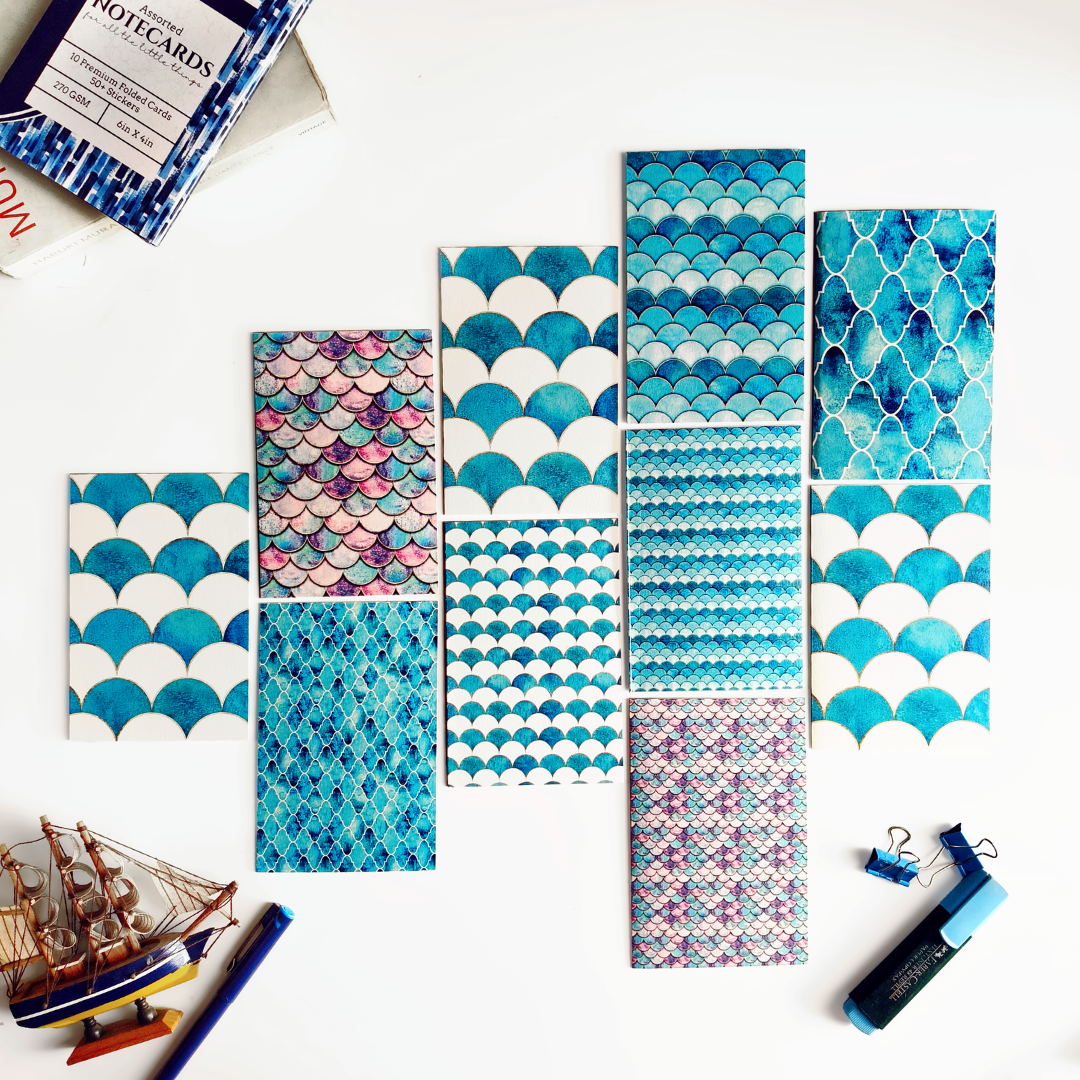 INKCHALK Turquoise Sea Patterns | Set of 10 (6x4in) Folded Note Cards | 50+ Stickers