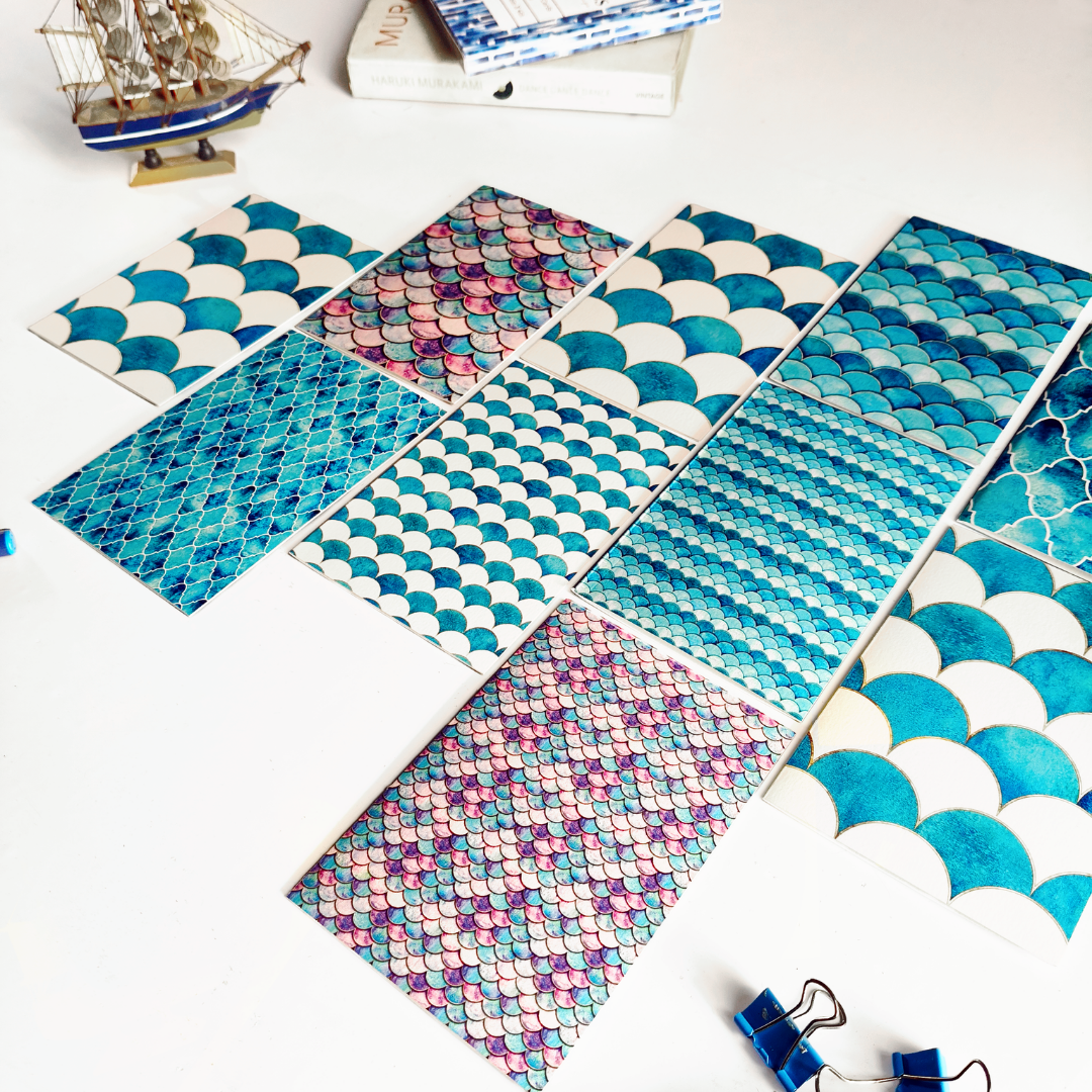 INKCHALK Turquoise Sea Patterns | Set of 10 (6x4in) Folded Note Cards | 50+ Stickers