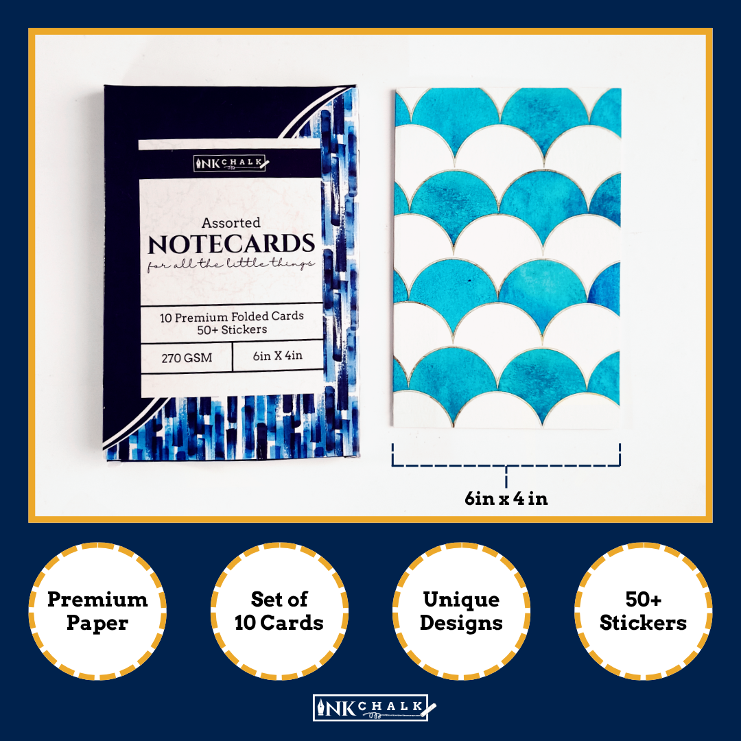 INKCHALK Turquoise Sea Patterns | Set of 10 (6x4in) Folded Note Cards | 50+ Stickers