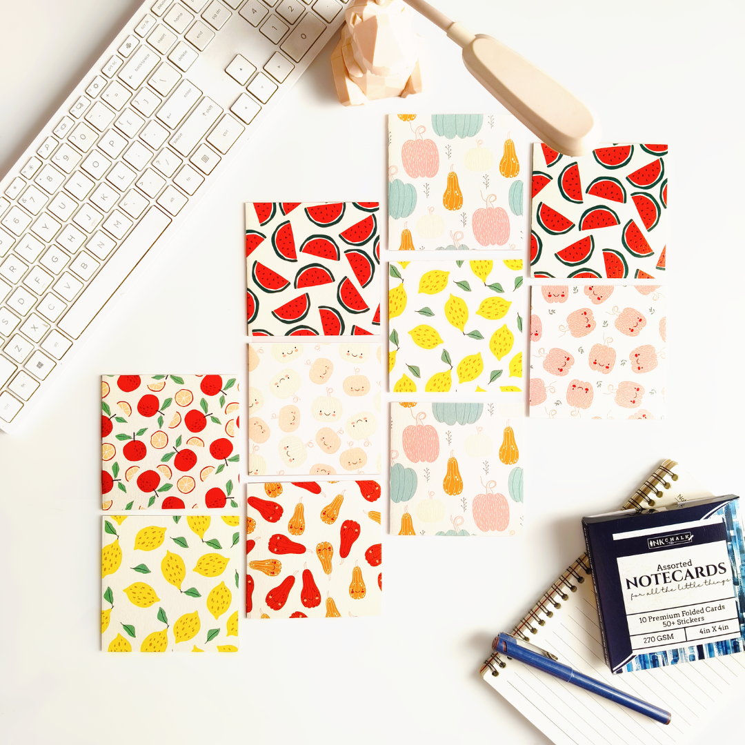 INKCHALK Vibrant Fruits | Set of 10 (4x4in) Folded Note Cards | 50+ Stickers