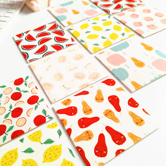 INKCHALK Vibrant Fruits | Set of 10 (4x4in) Folded Note Cards | 50+ Stickers