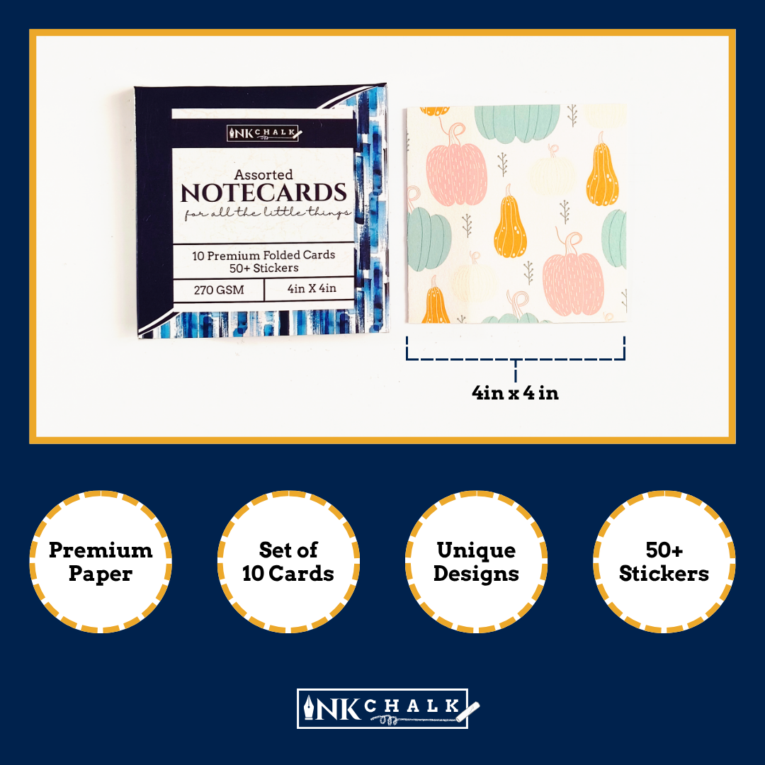 INKCHALK Vibrant Fruits | Set of 10 (4x4in) Folded Note Cards | 50+ Stickers
