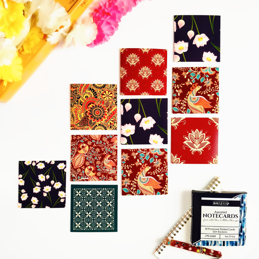 INKCHALK Vibrant Indian Patterns - Desi Motifs | Set of 10 (4x4in) Folded Note Cards | 50+ Stickers