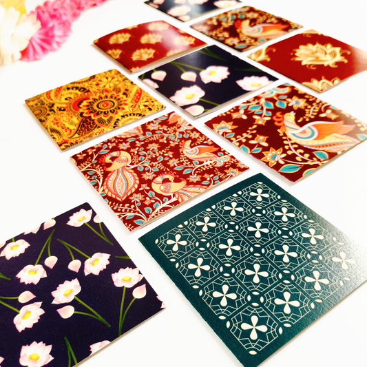 INKCHALK Vibrant Indian Patterns - Desi Motifs | Set of 10 (4x4in) Folded Note Cards | 50+ Stickers