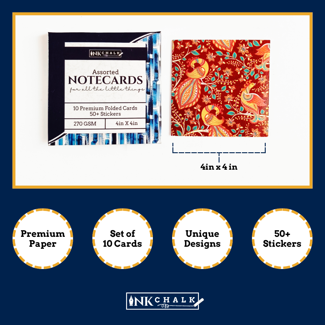INKCHALK Vibrant Indian Patterns - Desi Motifs | Set of 10 (4x4in) Folded Note Cards | 50+ Stickers