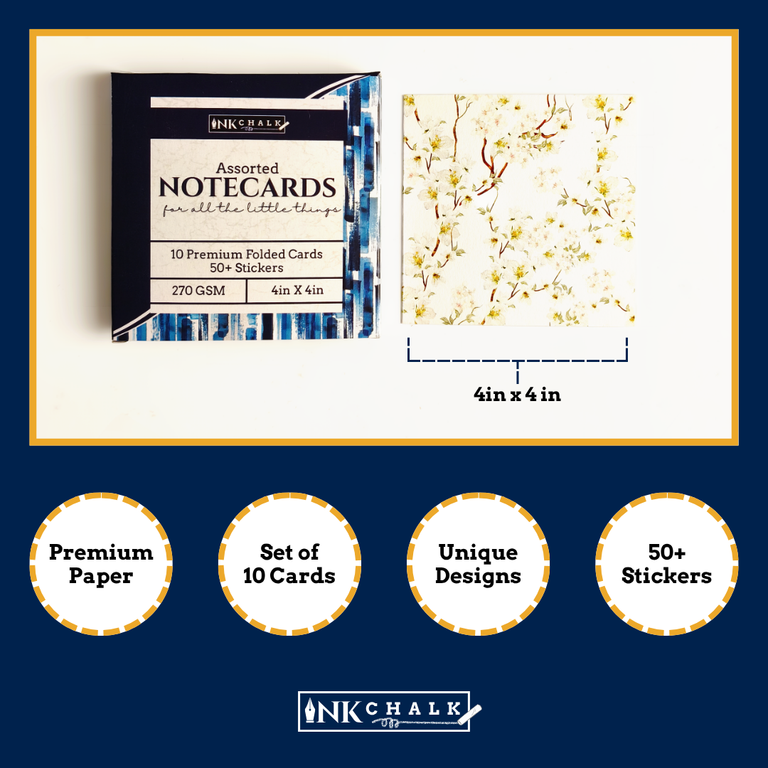 INKCHALK Vintage Petals | Set of 10 (4x4in) Folded Note Cards | 50+ Stickers