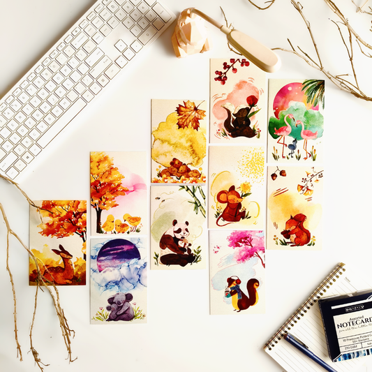 INKCHALK Watercolour Animals | Set of 10 (6x4in) Folded Note Cards | 50+ Stickers