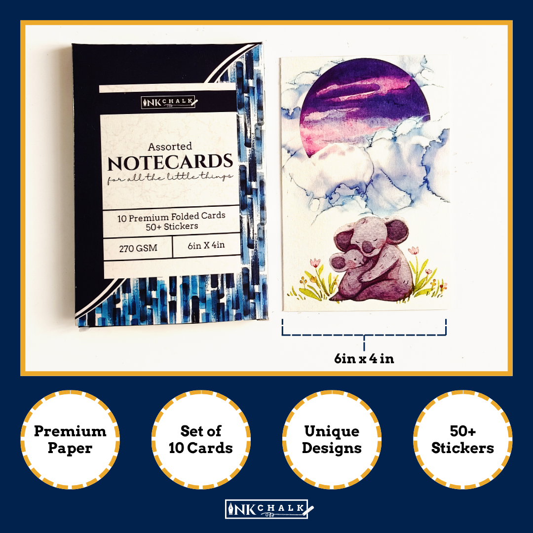 INKCHALK Watercolour Animals | Set of 10 (6x4in) Folded Note Cards | 50+ Stickers