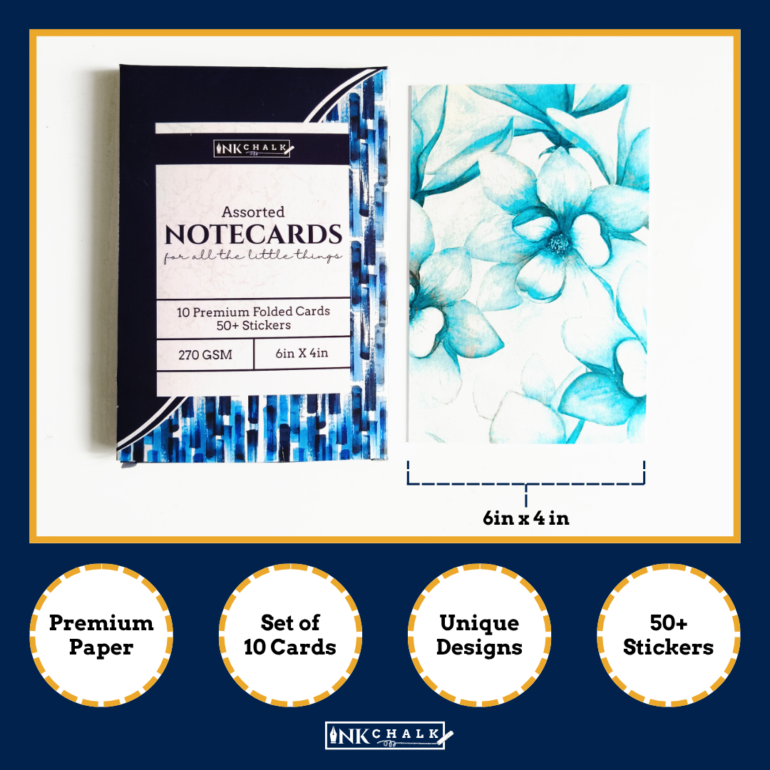 INKCHALK Watercolour Flowers | Set of 10 (6x4in) Folded Note Cards | 50+ Stickers